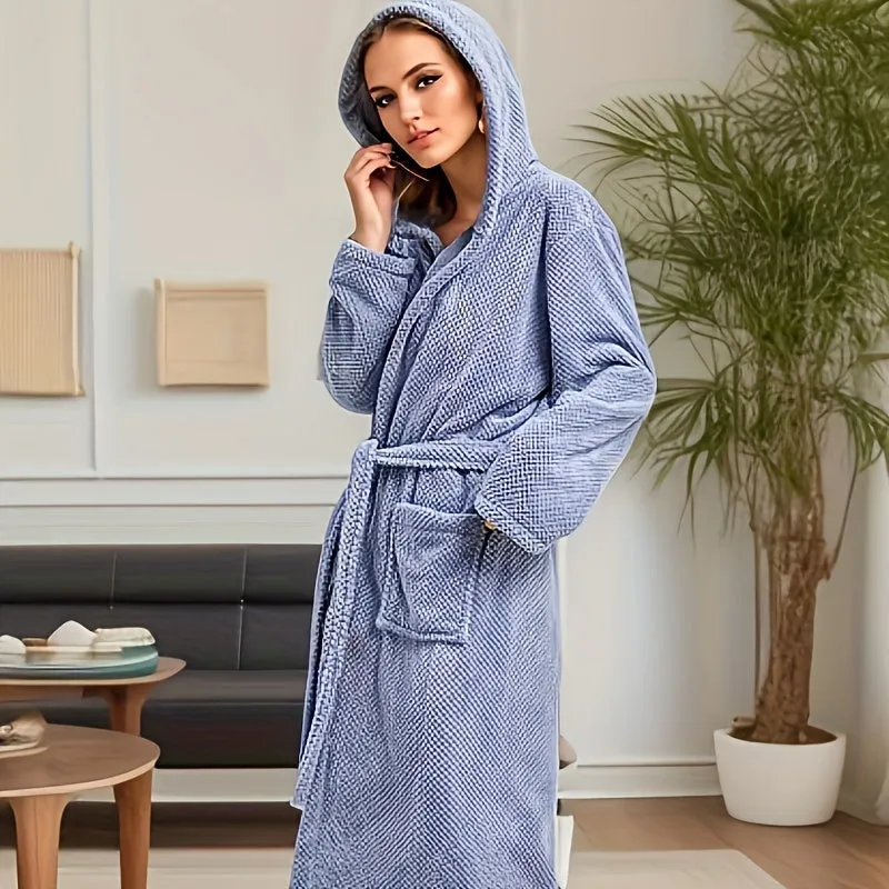 1pc Unisex Hooded Bathrobe, Comfortable Long Sleeve Long Bathrobe, Waist Tie Style Loungewear, Soft Long Robe For Home, Bathroom Supplies