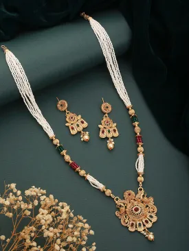 24K Gold-Plated Red & Greed Stone Studded Beaded Handcrafted Traditional Necklace Set