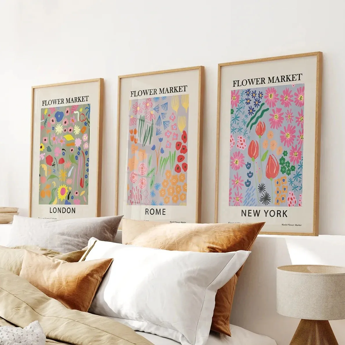 Boho Flower Market Set of 3 Posters. New York, London, Rome