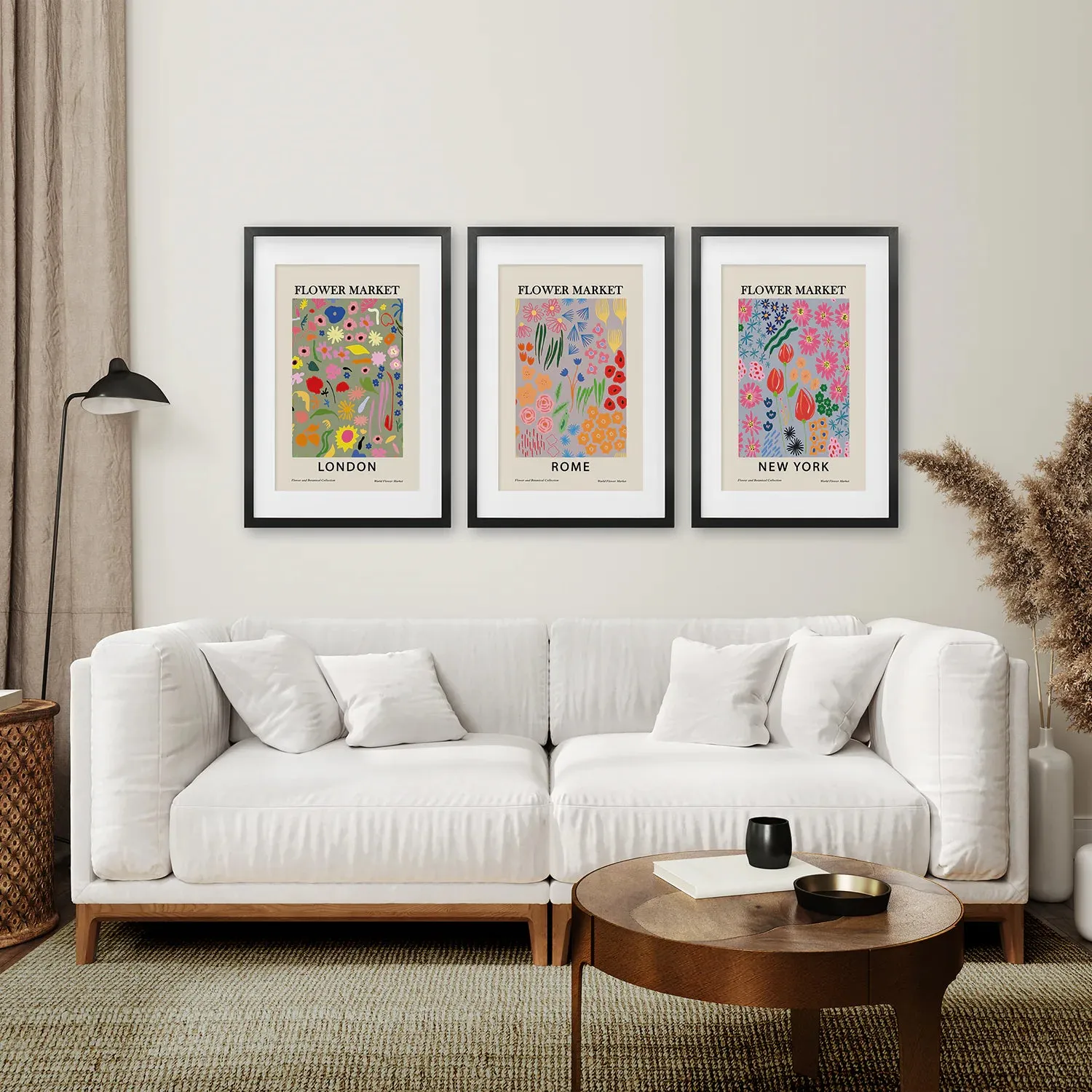 Boho Flower Market Set of 3 Posters. New York, London, Rome