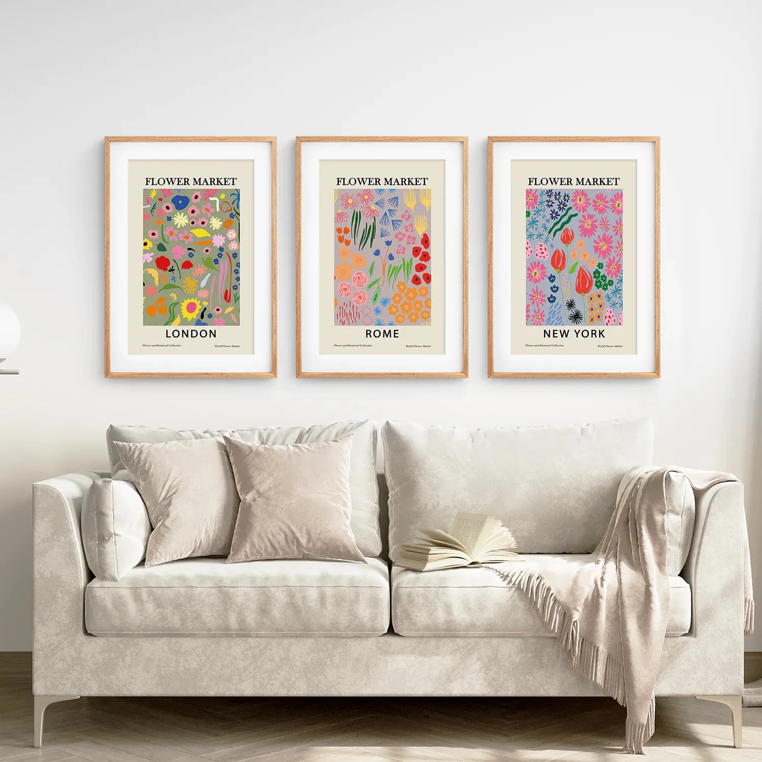 Boho Flower Market Set of 3 Posters. New York, London, Rome