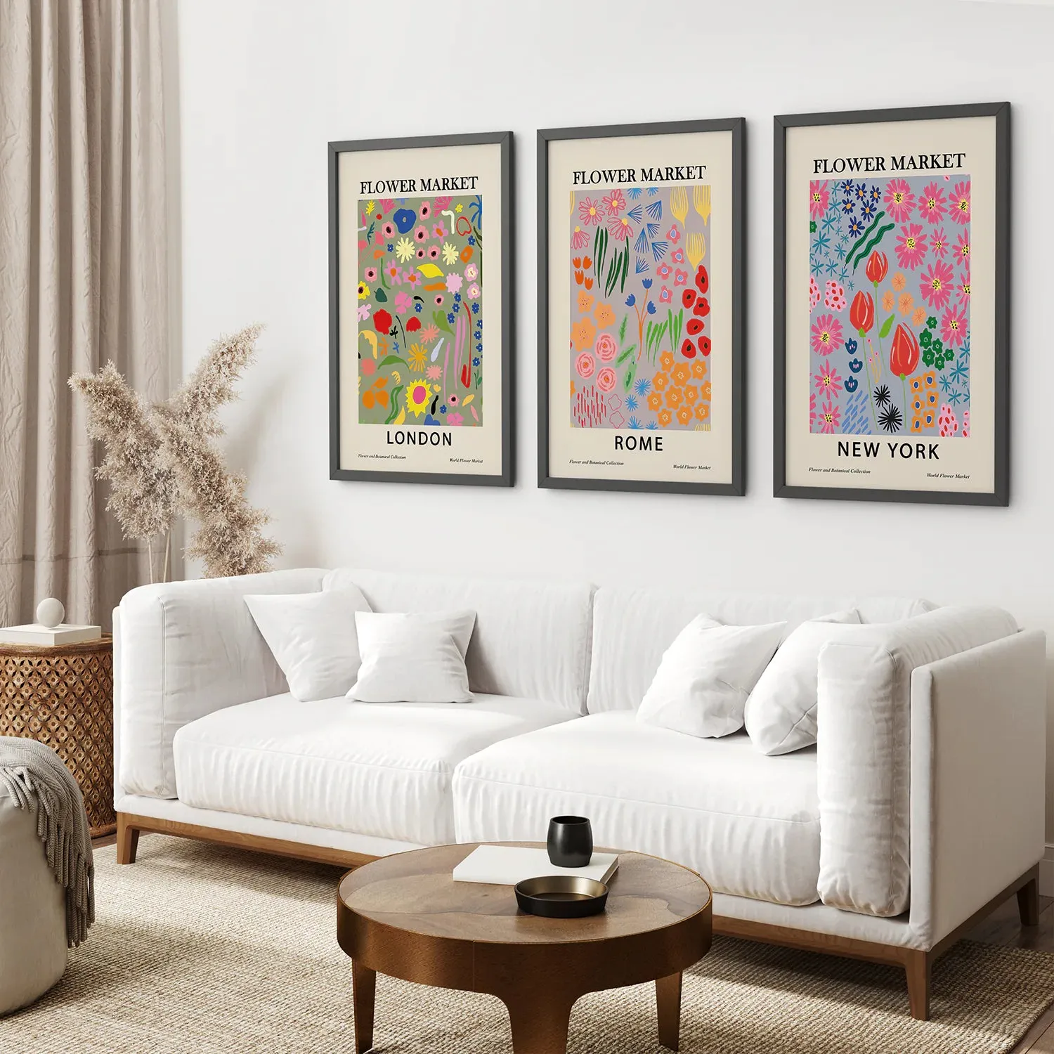 Boho Flower Market Set of 3 Posters. New York, London, Rome