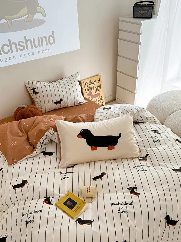 Cozy Cartoon Puppy Striped Cotton Bedding Set - 4-Piece