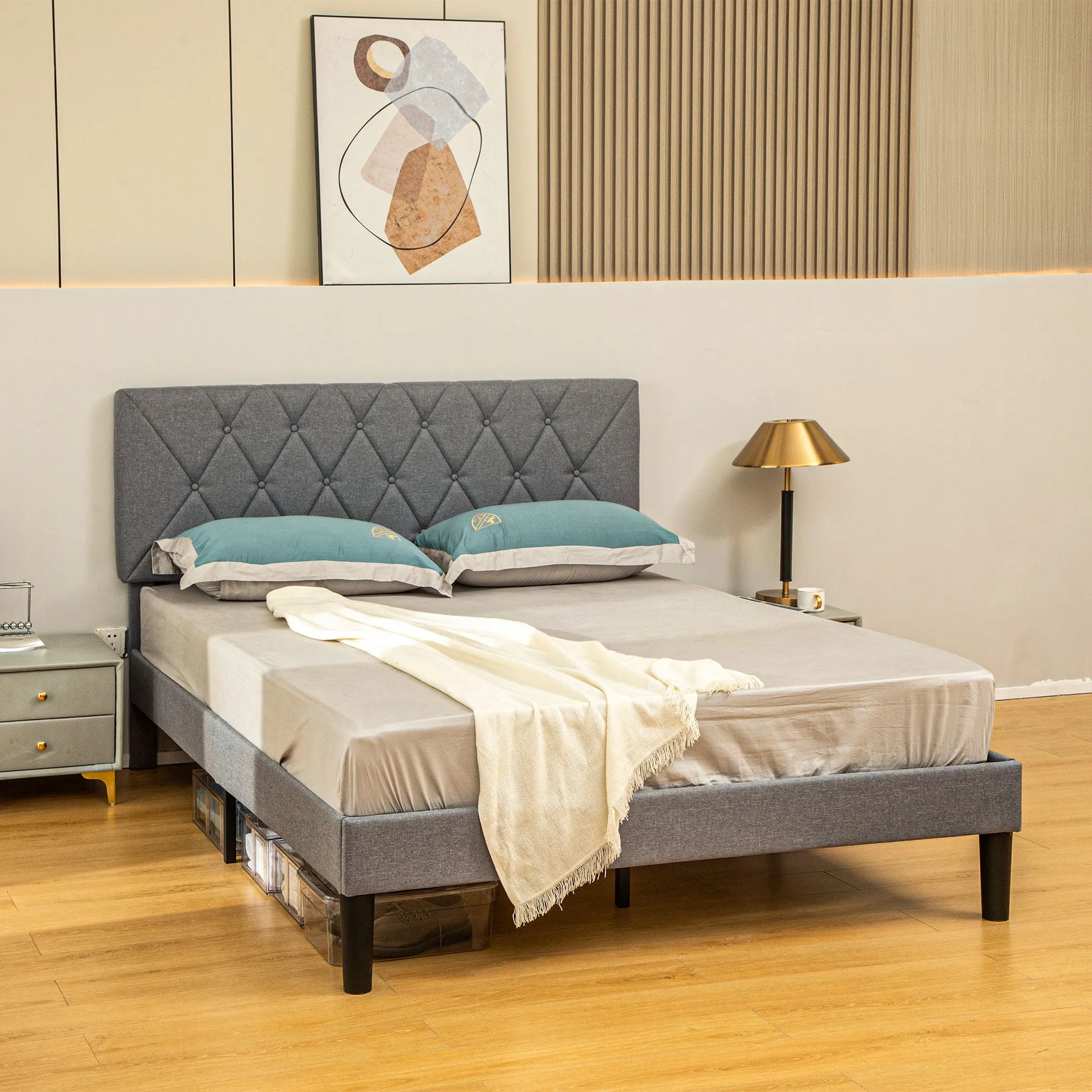 Double Bed Frame with 5-Level Adjustable Linen Headboard