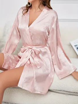 Elegant Floral Jacquard Satin Night Robe, Three Quarter Sleeve V Neck Robe With Belt, Women's Sleepwear & Dresses