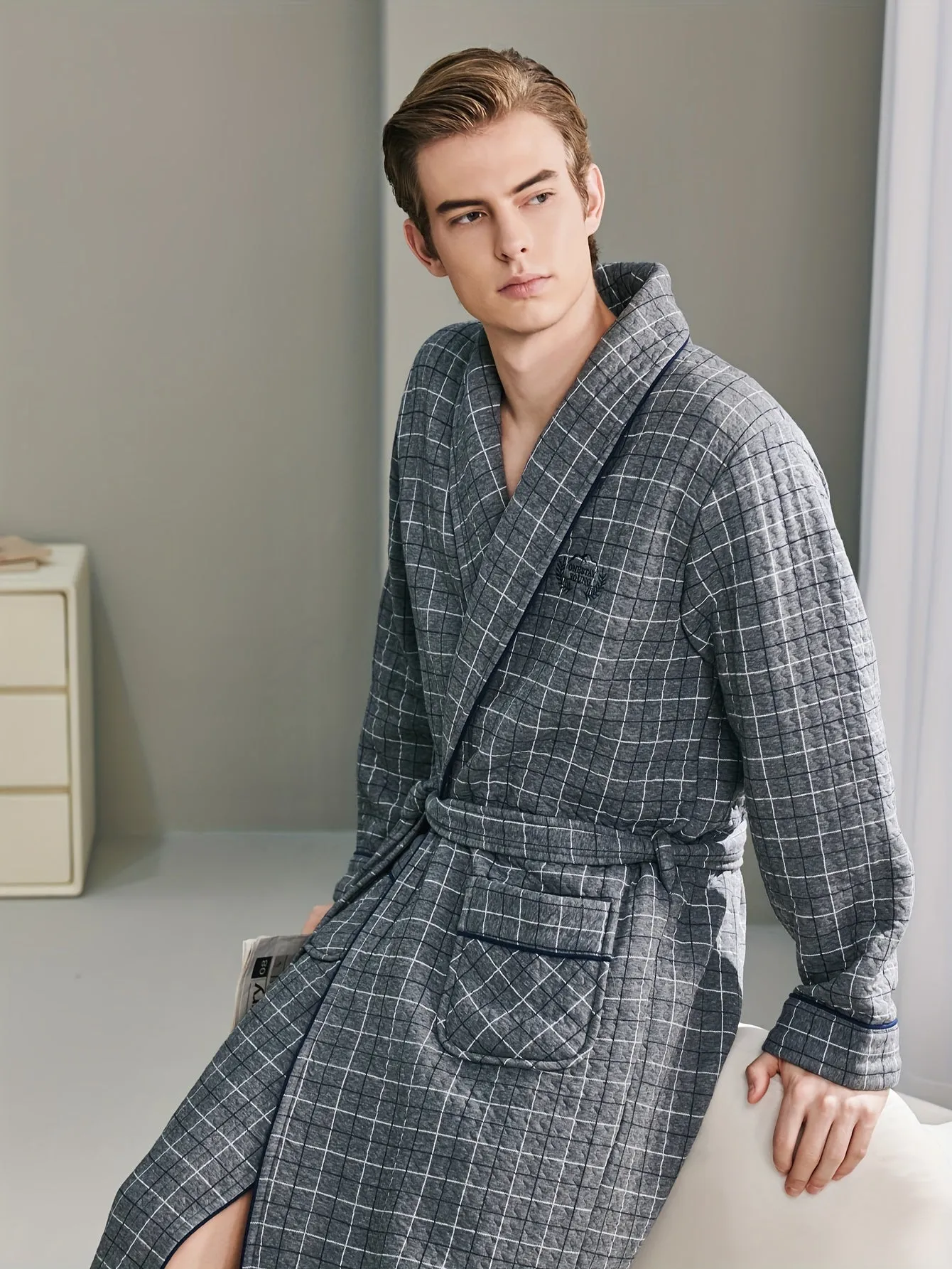 FARO Men's Winter Sleepwear Set: Cozy Cotton V-Neck Bathrobe with Letter Embroidery and Long Sleeves