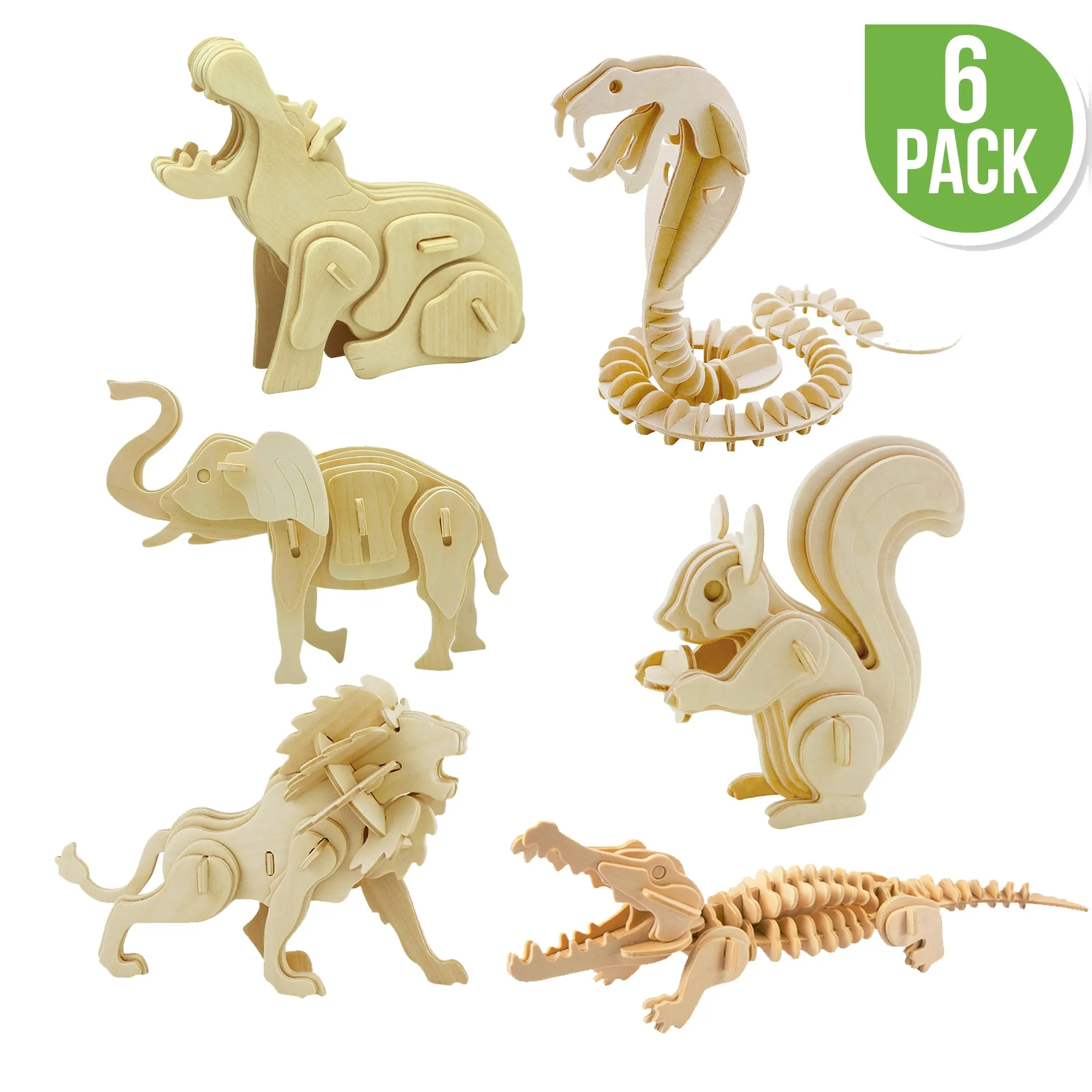 Hands Craft DIY 3D Wooden Puzzle 6 ct, Wild Animals-JP2B8