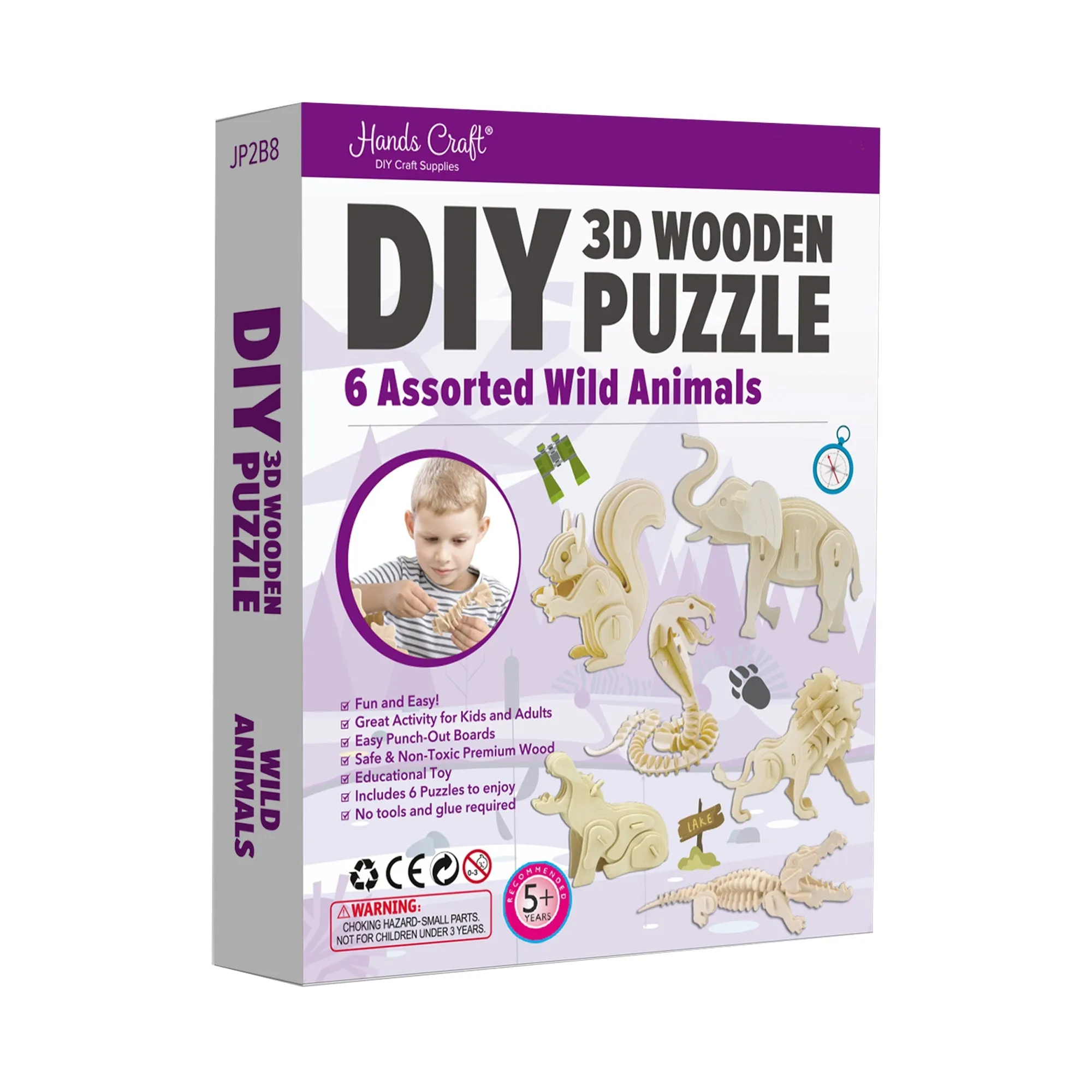 Hands Craft DIY 3D Wooden Puzzle 6 ct, Wild Animals-JP2B8