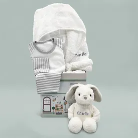 Little Bunny Bath and Bedtime Hamper, Grey - 6-12 Months with White Personalised Bathrobe