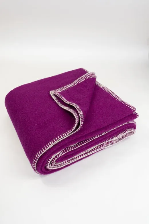 Magenta Purple Wool Bed Blanket with Blanket Stitch