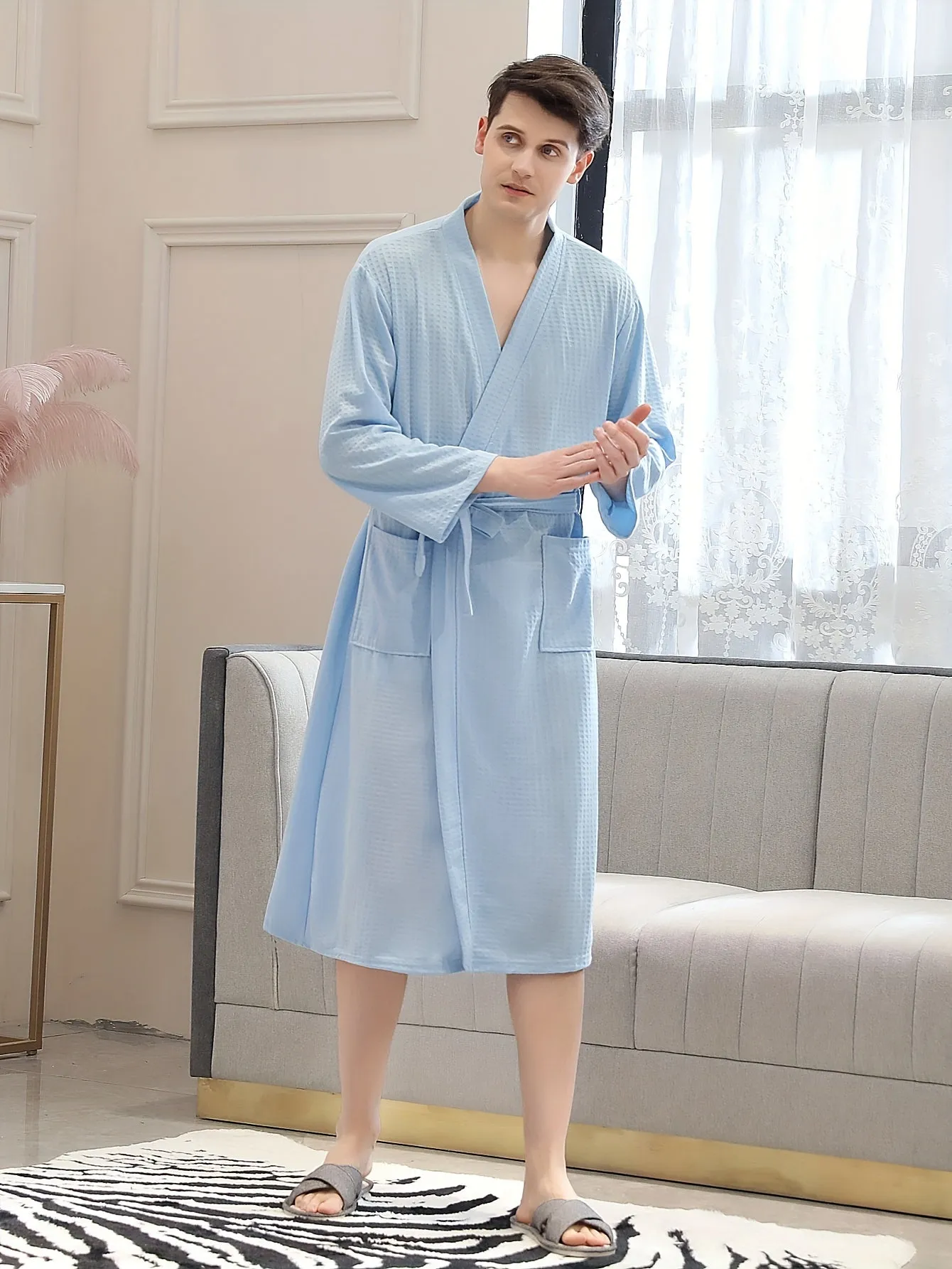 Men's Cozy Waffle-Knit V-Neck Robe with Pockets - Solid Color, Belted Kimono Style Sleepwear Set