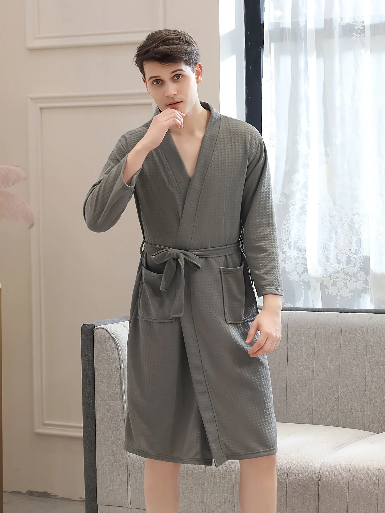 Men's Cozy Waffle-Knit V-Neck Robe with Pockets - Solid Color, Belted Kimono Style Sleepwear Set