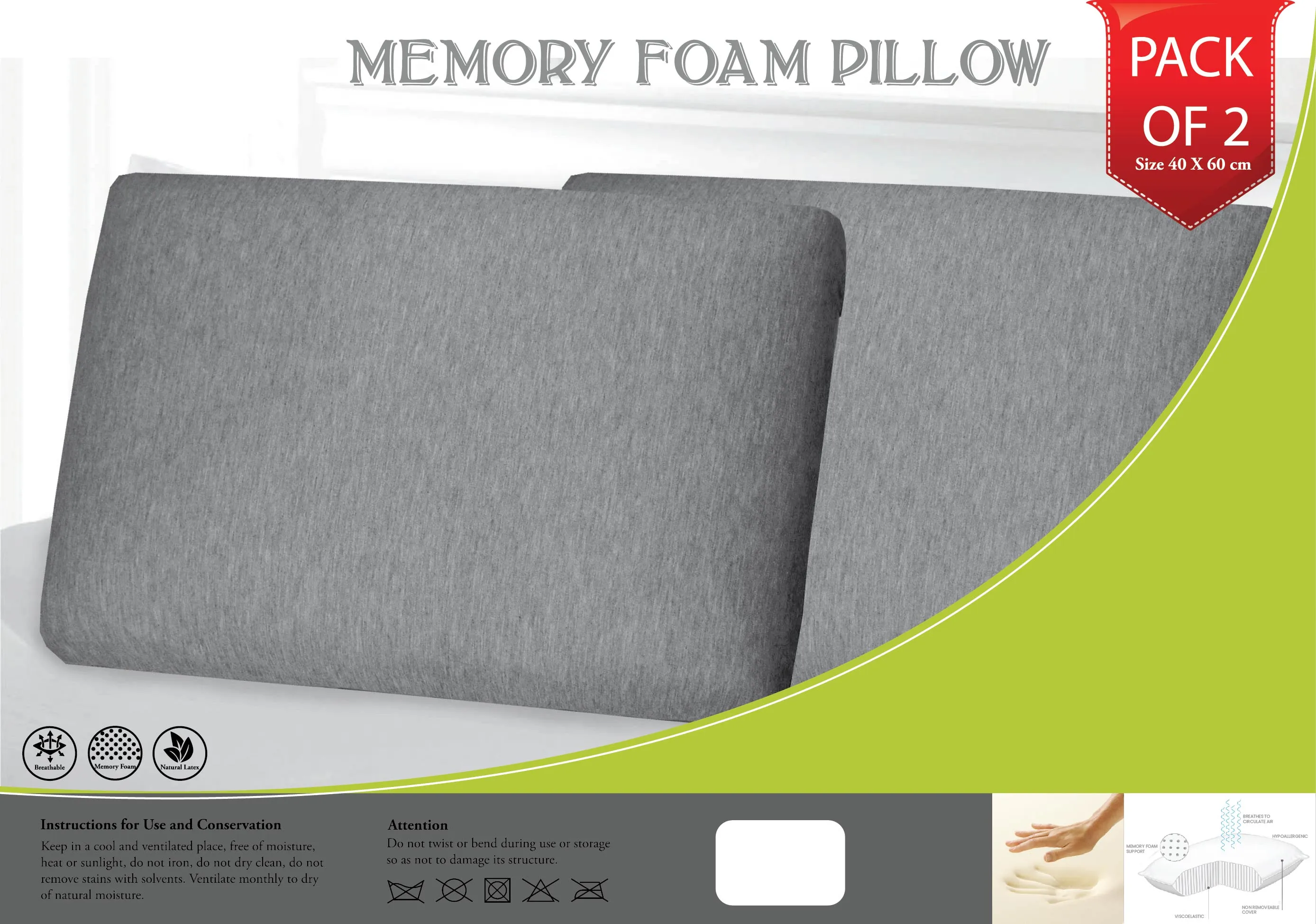 Pack of 2 Memory Foam Pillow - 40x60CM