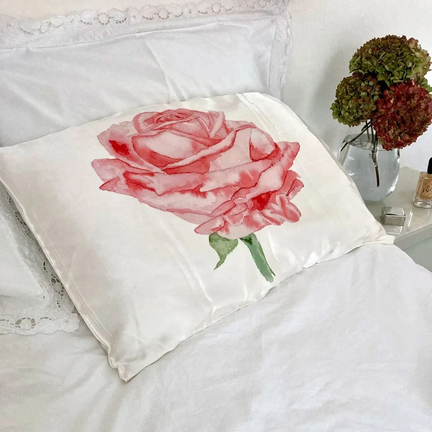 Red Watercolour Rose Silk Pillowcase