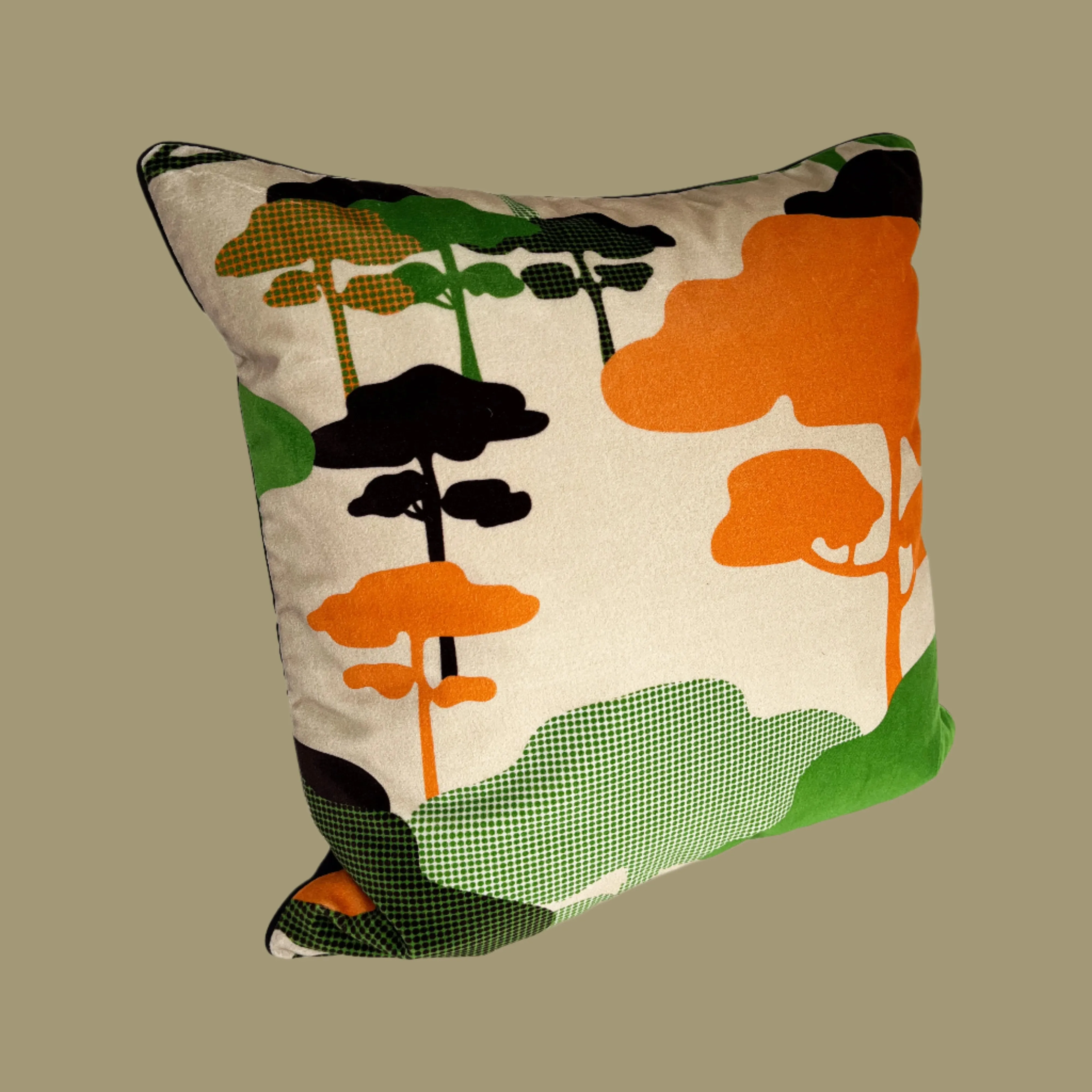 Retro Tree Velvet Cushion - Orange   Green