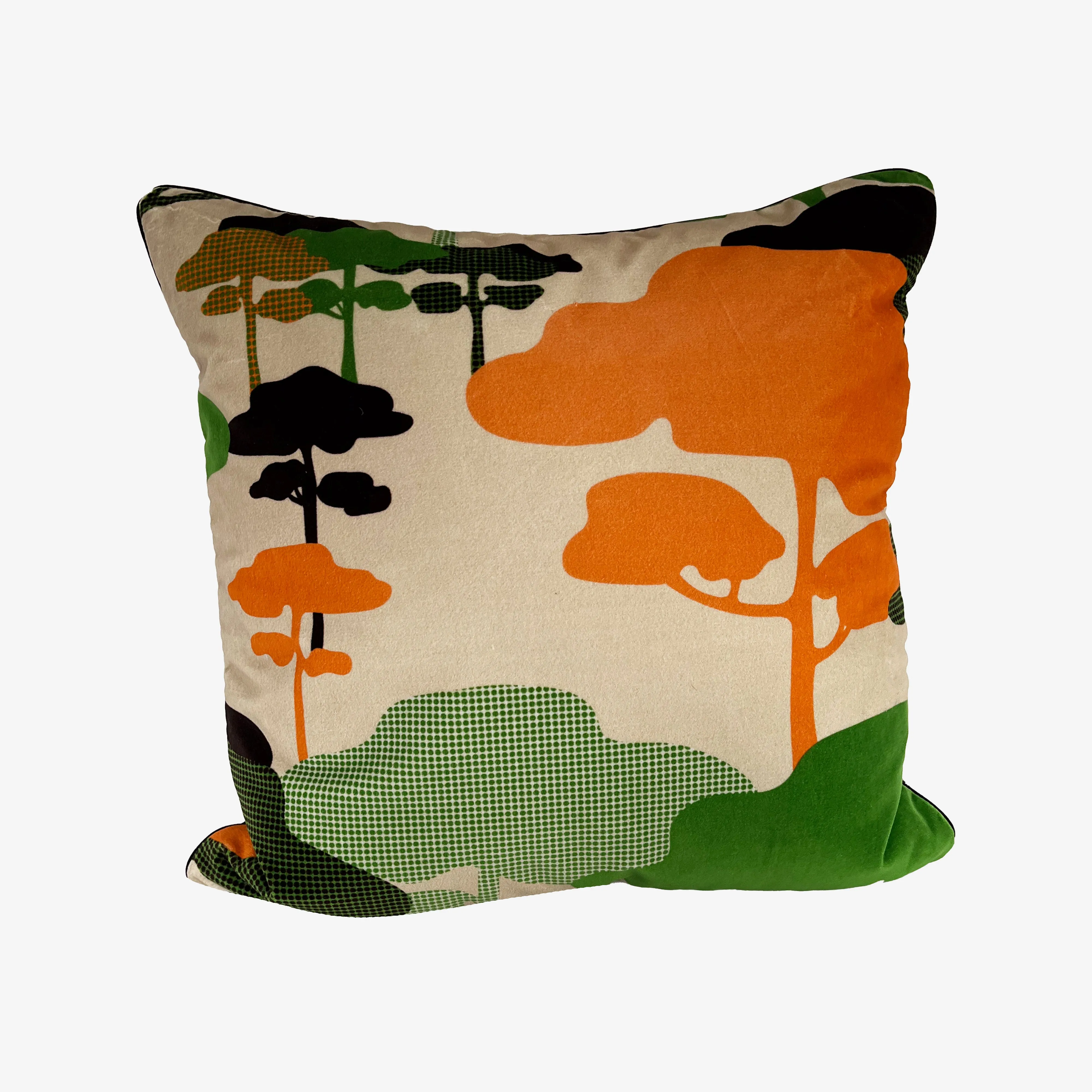 Retro Tree Velvet Cushion - Orange   Green