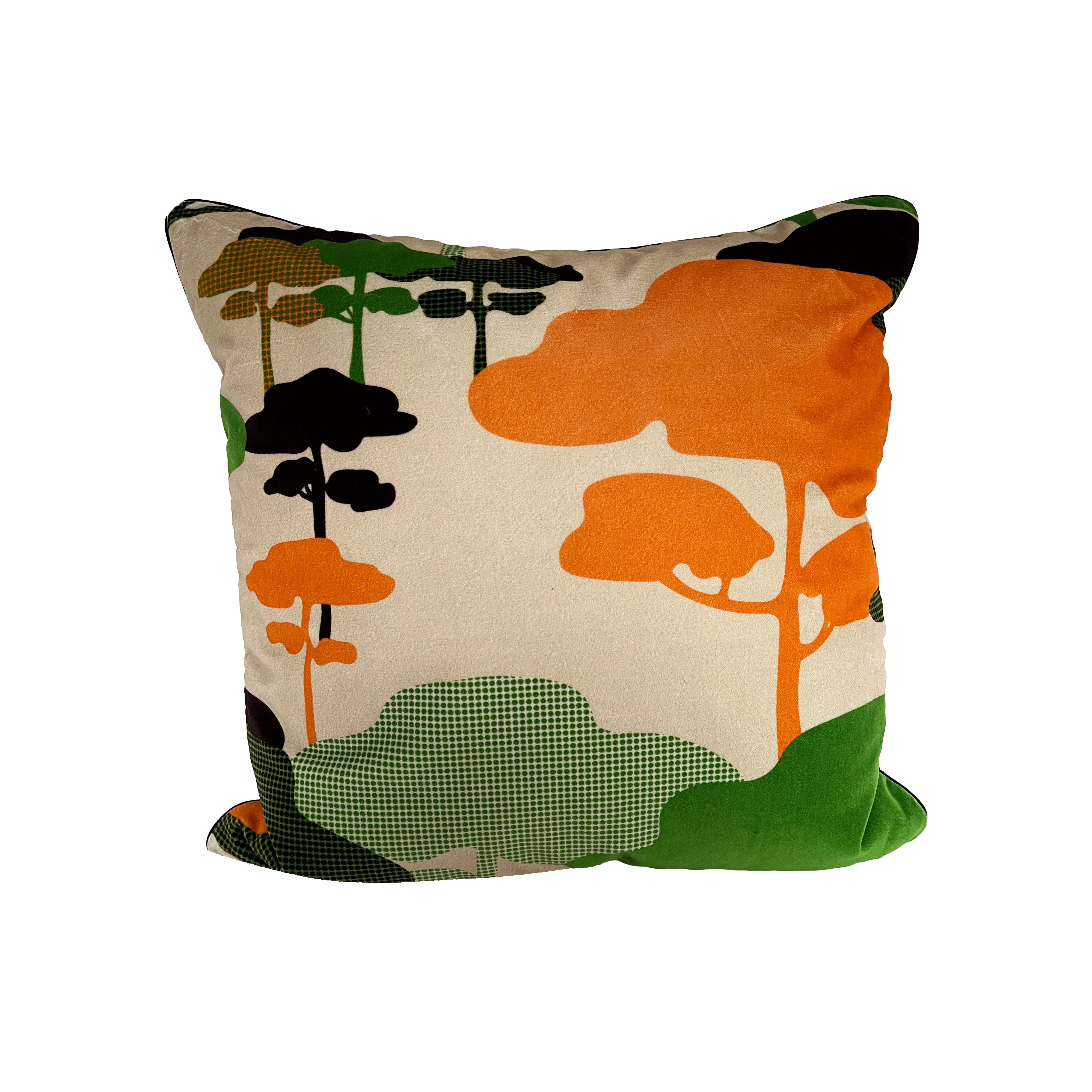 Retro Tree Velvet Cushion - Orange   Green