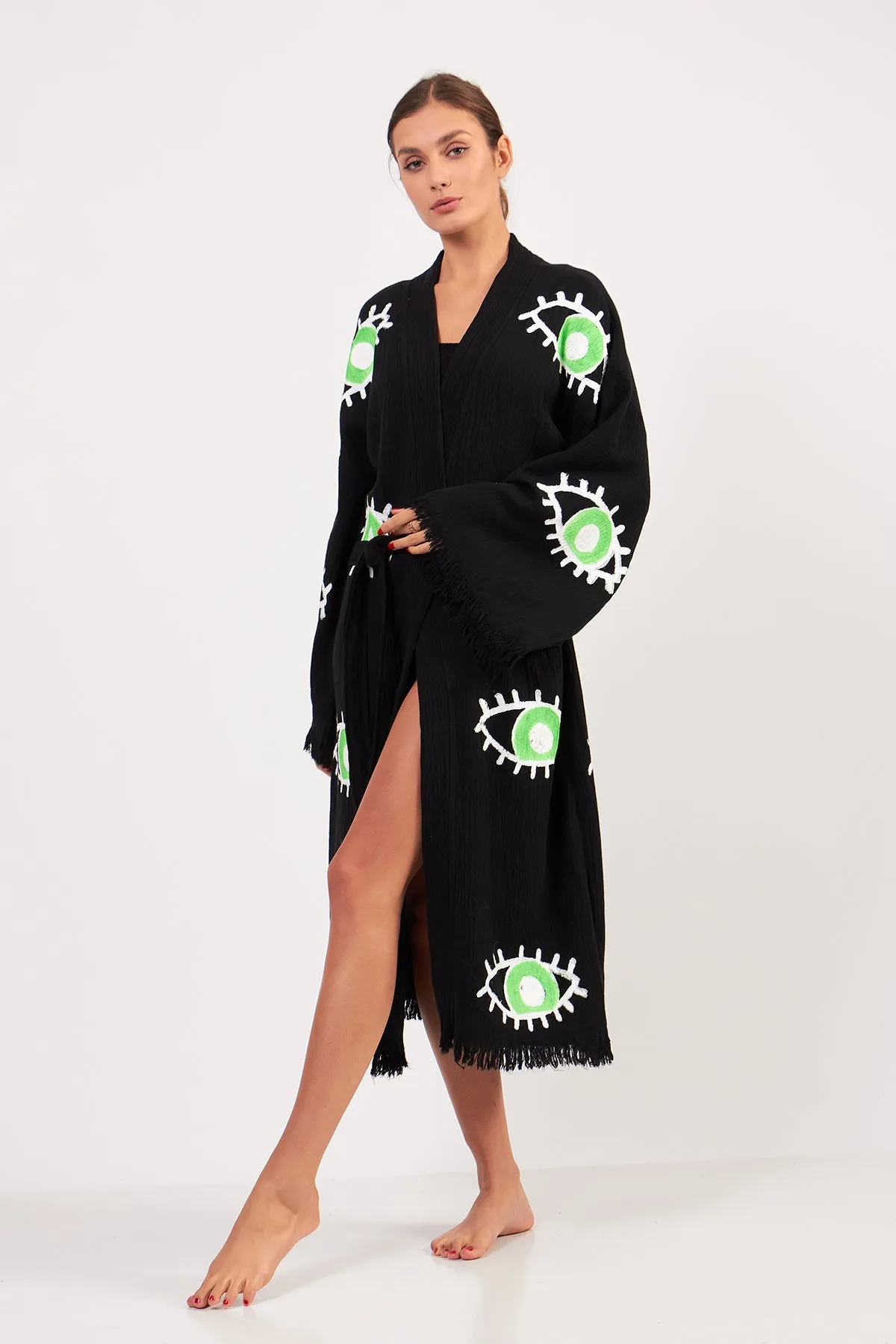 Turkish Towel Kimono Bathrobe Eye Design Green on Black