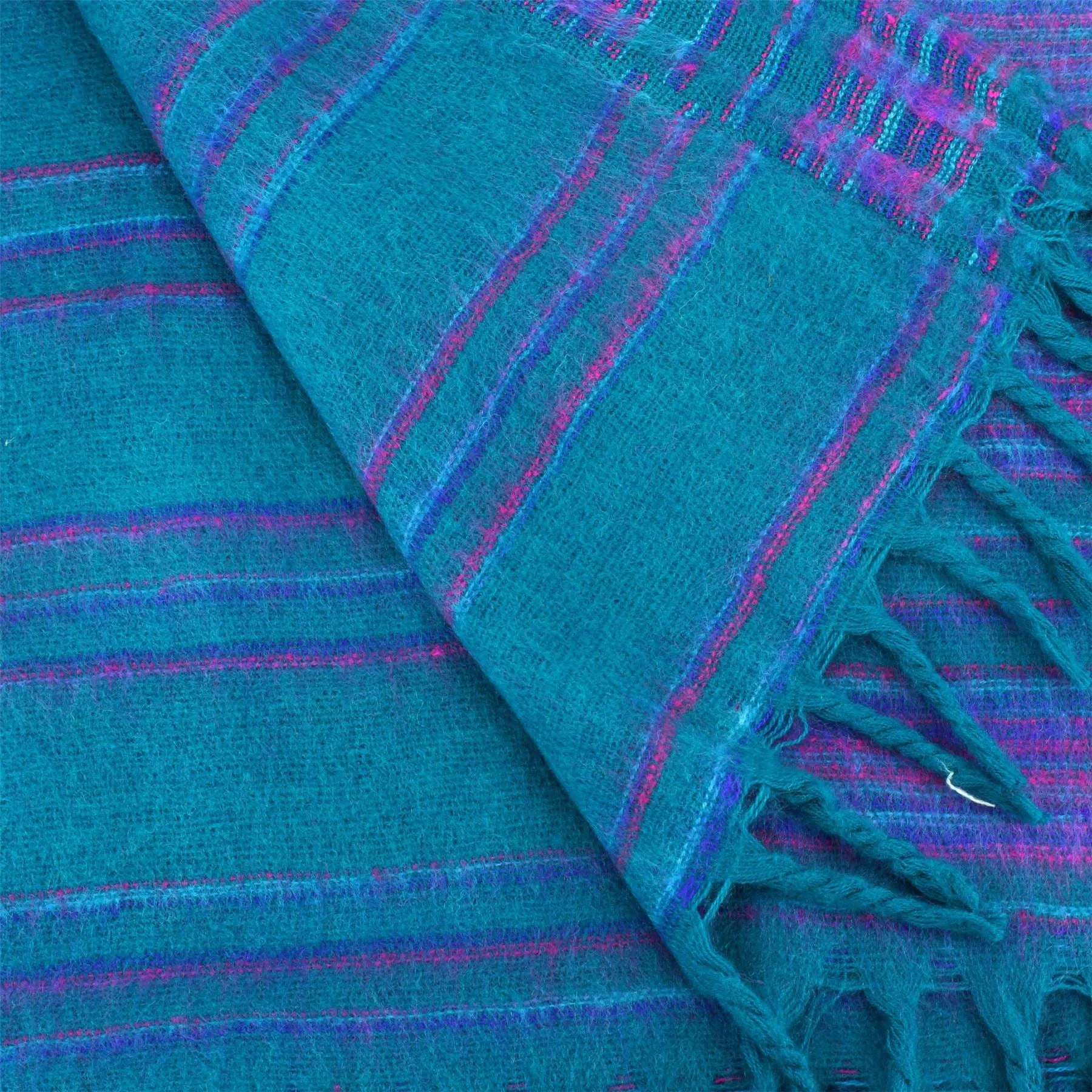 Vegan Wool Shawl Blanket - Stripe - Green Purple