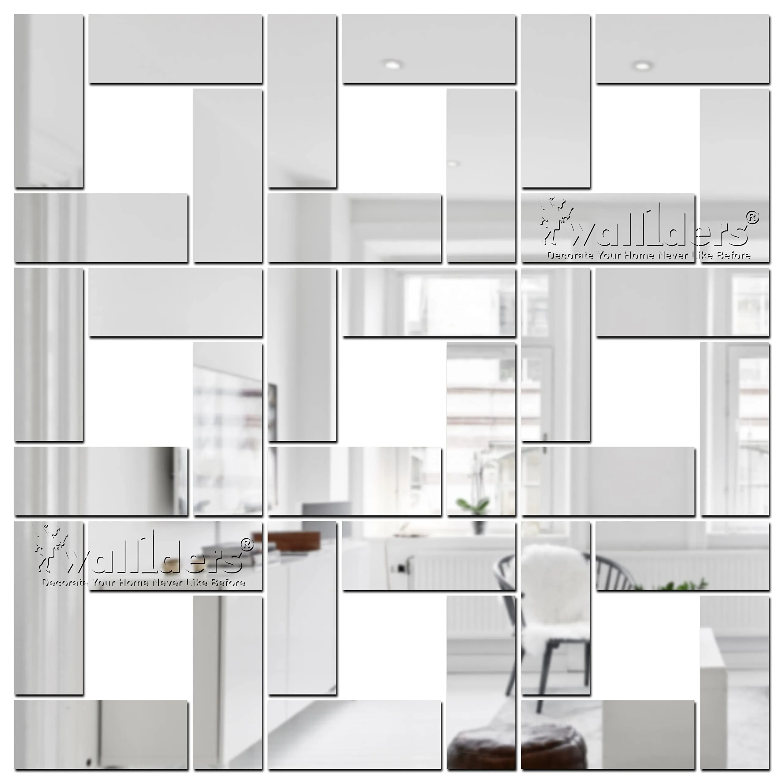 Wall1ders Rectangle 40 Silver Acrylic Mirror Stickers for Wall, Decorative Items Home Decoration for Bedroom, Living Room, Office, Study Room