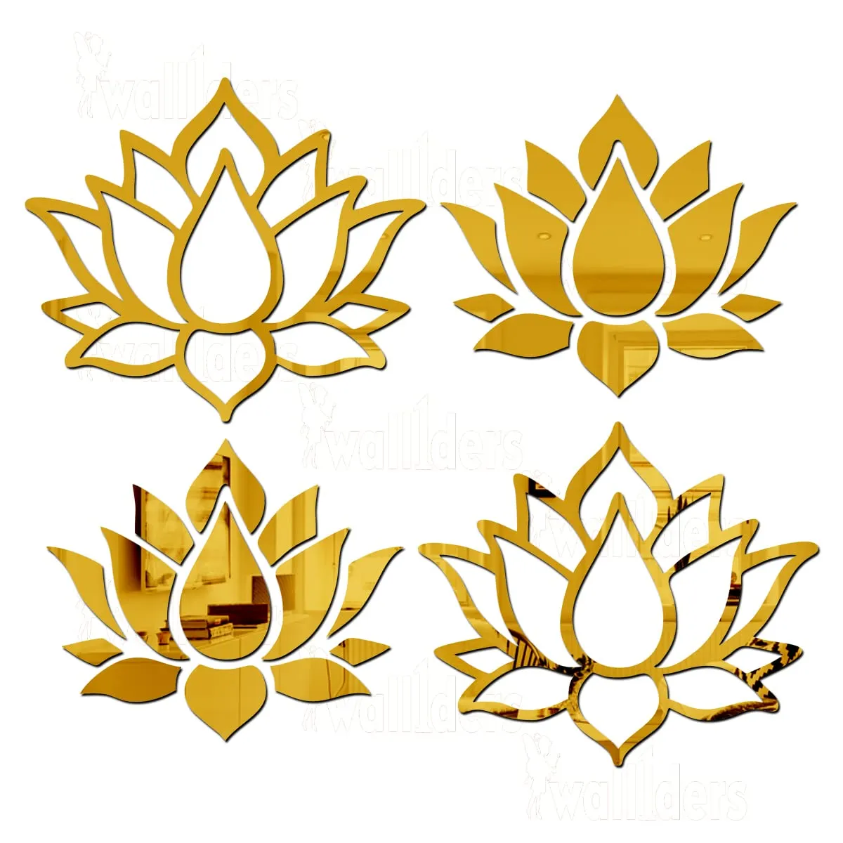 Wall1ders Small Lotus Gold (Pack of 2) Acrylic Mirror Stickers for Wall, Decorative Items Home Decoration for Bedroom, Living Room, Office, Study Room